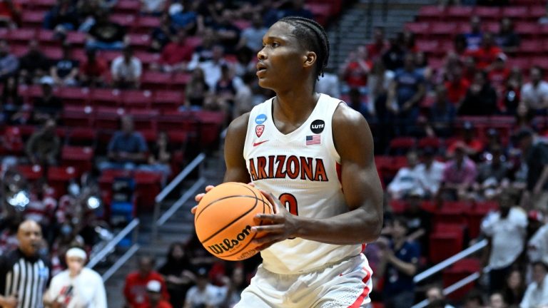 Arizona guard Bennedict Mathurin (0) holds the ball against Wright State during the first half of a first-round NCAA college basketball tournament game, Friday, March 18, 2022, in San Diego. (Denis Poroy/AP Photo)