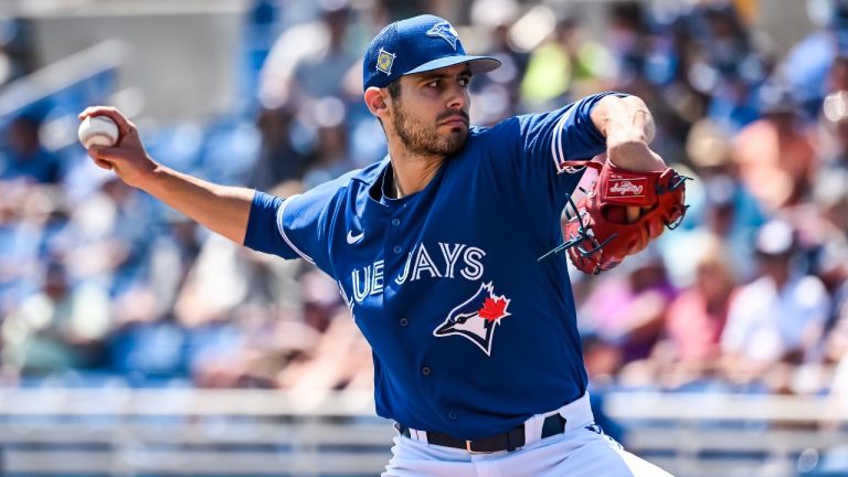 Toronto Blue Jays’ Julian Merryweather pitches against the Pittsburgh Pirates during the second inning of a spring training baseball game at TD Ballpark, Sunday, March 20, 2022, in Dunedin, Fla. (Steve Nesius/THE CANADIAN PRESS)