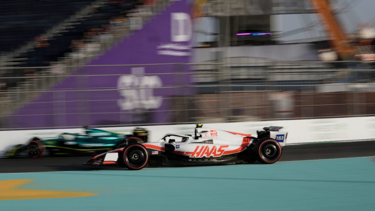 Haas driver Mick Schumacher of Germany steers his car during practice for the Formula One Grand Prix it in Jiddah, Saudi Arabia, Saturday, March 26, 2022. (Hassan Ammar/AP)