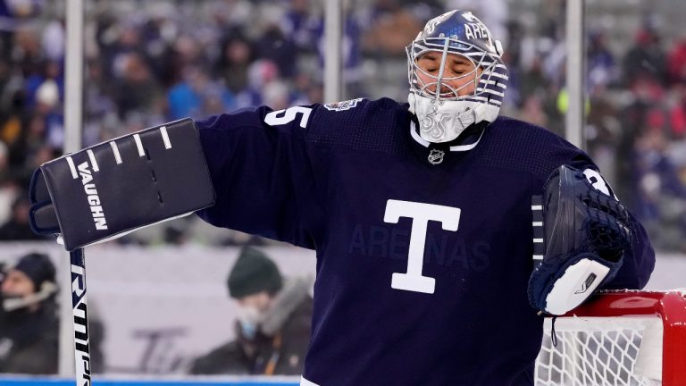 Toronto Maple Leafs goaltender Petr Mrazek (35) stands after giving up a goal during third period NHL Heritage Classic hockey action against the Buffalo Sabres, in Hamilton, Ont., Sunday, March 13, 2022. (Frank Gunn/CP)