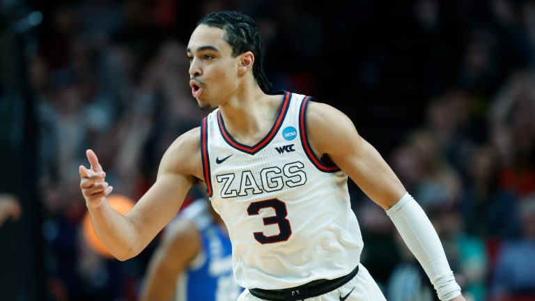 Gonzaga guard Andrew Nembhard (3) reacts during the first half of a second-round NCAA college basketball tournament game against Memphis, Saturday, March 19, 2022, in Portland, Ore. (Craig Mitchelldyer/AP Photo)