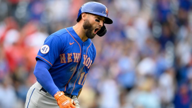 New York Mets' Kevin Pillar reacts after he hit a grand slam during the ninth inning of a baseball game against the Washington Nationals, Sunday, Sept. 5, 2021, in Washington. (Nick Wass/AP)