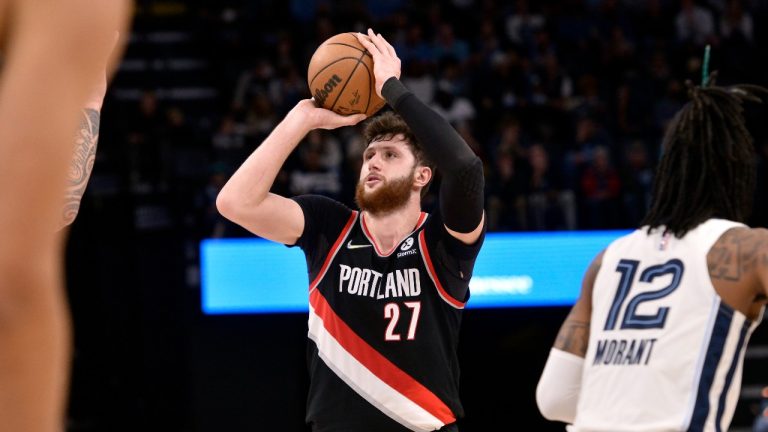 Portland Trail Blazers center Jusuf Nurkic (27) shoots the ball against the Memphis Grizzlies in the first half of an NBA basketball game Wednesday, Feb. 16, 2022, in Memphis, Tenn. (Brandon Dill/AP Photo)