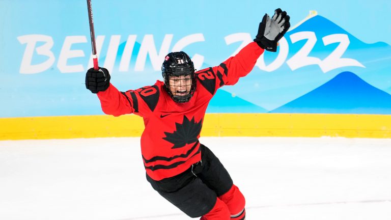 Team Canada forward Sarah Nurse (20) celebrates her goal against the United States during first period women's hockey gold medal game action at the 2022 Winter Olympics in Beijing on Thursday, Feb. 17, 2022. (Ryan Remiorz/CP)