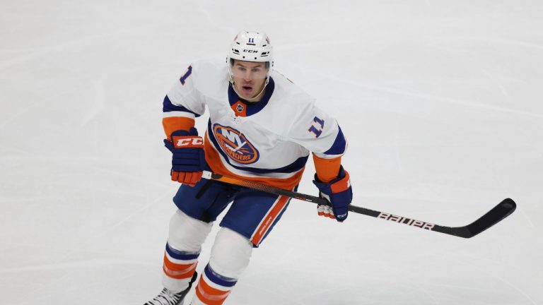 New York Islanders' Zach Parise (11) skates on the ice during the third period of an NHL hockey game against the Minnesota Wild, Sunday, Nov. 7, 2021, in St. Paul, Minn. Minnesota won 5-2. (Stacy Bengs/AP Photo)