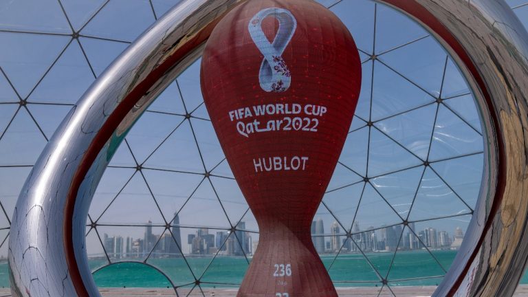 A countdown clock is displayed at the seafront in Doha, Qatar, Tuesday, March 29, 2022. The draw for the World Cup will be held in Doha on April 1.(Darko Bandic/AP Photo)