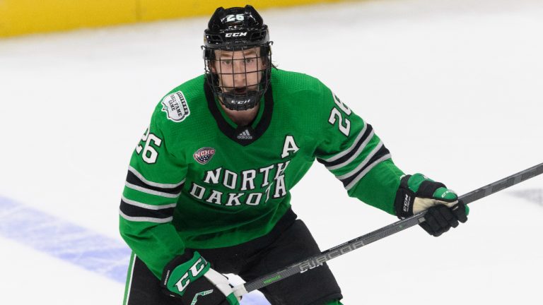 North Dakota defenceman Jake Sanderson plays against Penn State during an NCAA college hockey game on Saturday, Oct. 30, 2021, in Nashville, Tenn. (John Amis/AP)