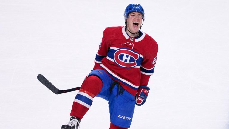 Montreal Canadiens' Corey Schueneman celebrates a goal agains the Dallas Stars during third period NHL hockey action in Montreal on Thursday, March 17, 2022. (Paul Chiasson/THE CANADIAN PRESS)