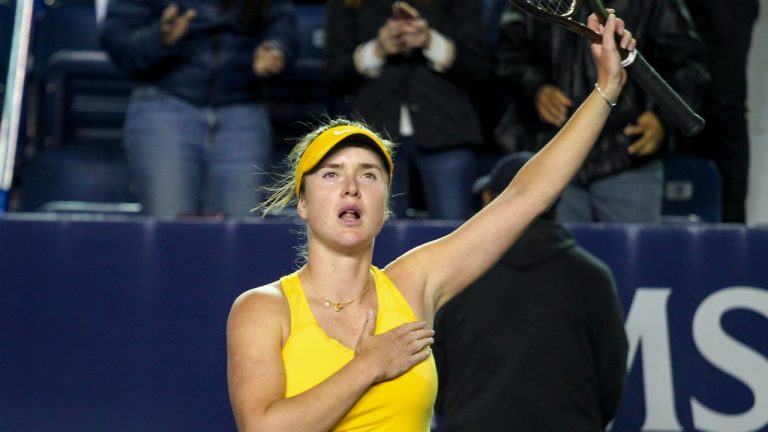 Ukraine's Elina Svitolina reacts after her win over Russian Anastasia Potapova on March 1, 2022 at the Monterrey Open. (AP Photo)