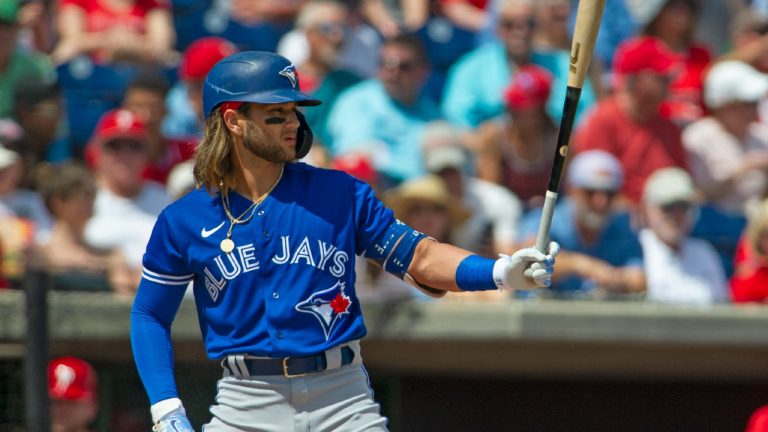 Toronto Blue Jays designated hitter Bo Bichette steps in during a spring training game against the Philadelphia Phillies at BayCare Ballpark Saturday, March 19, 2022, in Clearwater, Fla. (Mark Taylor/CP)