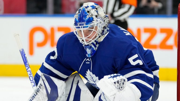 Toronto Maple Leafs goaltender Erik Kallgren (50) watches the play against the Arizona Coyotes during third period NHL action in Toronto on Thursday March 10, 2022. This is Kallgren's first NHL action. (Frank Gunn/CP)