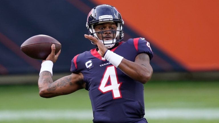 Houston Texans quarterback Deshaun Watson throws before an NFL football game against the Chicago Bears, Sunday, Dec. 13, 2020, in Chicago. (Charles Rex Arbogast/AP)