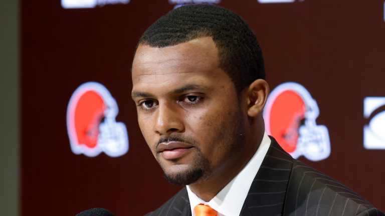 Cleveland Browns new quarterback Deshaun Watson listens to a question during a news conference at the NFL football team's training facility, Friday, March 25, 2022, in Berea, Ohio. (Ron Schwane/AP)