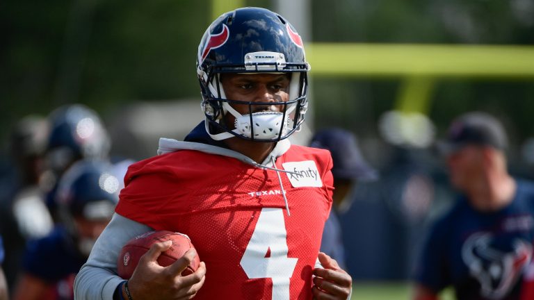 Texans quarterback Deshaun Watson (4) runs drills with the team during NFL football practice Thursday, July 29, 2021, in Houston. (Justin Rex/AP)