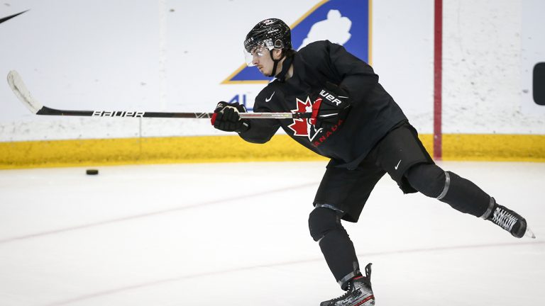 Xavier Bourgault shoots a puck during a practice at the Canadian World Junior Hockey Championships selection camp in Calgary, Alta. (Jeff McIntosh/CP)