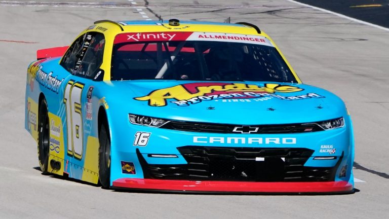 AJ Allmendinger (16) drives during a NASCAR Xfinity Series auto race at Texas Motor Speedway Saturday, Oct. 16, 2021, in Fort Worth, Texas. (Larry Papke/AP)