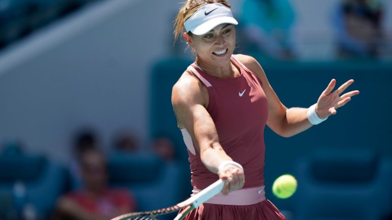 Paula Badosa of Spain returns a shot from Yulia Putintseva of Kazakhstan, during the Miami Open tennis tournament, Sunday, March 27, 2022, in Miami Gardens, Fla. (Wilfredo Lee/AP)