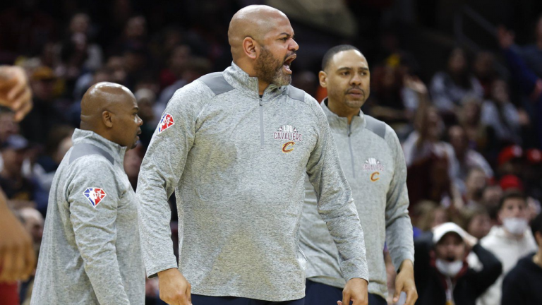 Cleveland Cavaliers head coach J.B. Bickerstaff yells at the referees after being ejected during the second half of an NBA basketball game against the Charlotte Hornets, Wednesday, March 2, 2022, in Cleveland. (AP)