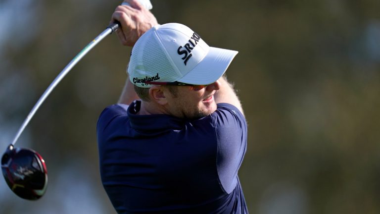 Ryan Brehm tees off on the second hole of the South Course during the first round of the Farmers Insurance golf tournament at Torrey Pines Golf Course Thursday, Jan. 28, 2021, in San Diego. (Gregory Bull/AP)