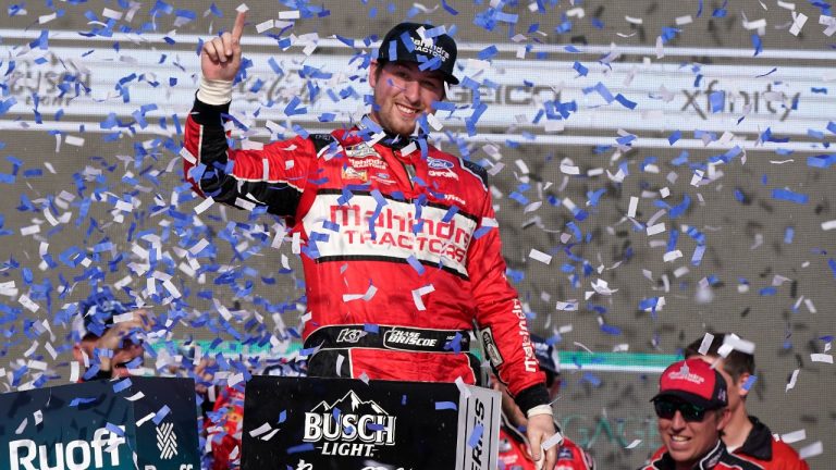 Chase Briscoe, top, celebrates winning a NASCAR Cup Series auto race at Phoenix Raceway, Sunday, March 13, 2022, in Avondale, Ariz. (Darryl Webb/AP)