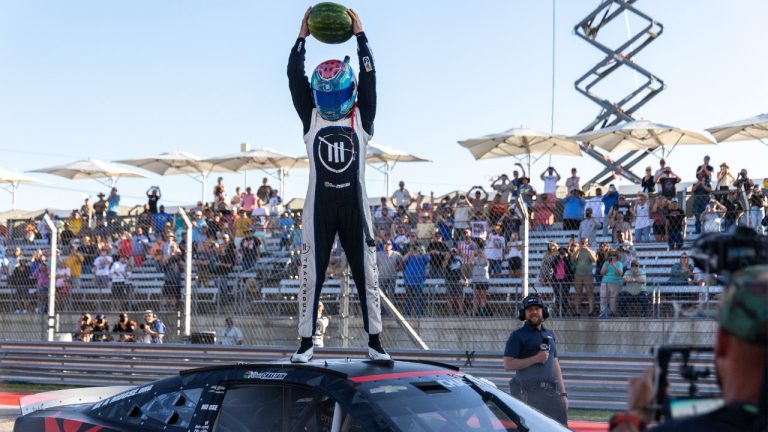 Ross Chastain (1) celebrates winning a NASCAR Cup Series auto race at Circuit of the Americas, Sunday, March 27, 2022, in Austin, Texas. (Stephen Spillman/AP)