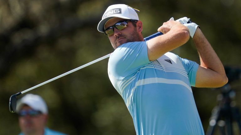 Corey Conners watches his shot from the tenth tee during the third round of the Dell Technologies Match Play Championship golf tournament, Friday, March 25, 2022, in Austin, Texas. (Tony Gutierrez/AP)