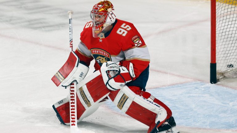 Florida Panthers goaltender Philippe Desrosiers warms up prior to an NHL hockey game against the Dallas Stars, Monday, May 3, 2021, in Sunrise, Fla. Desrosiers is on the bench for his first game in the NHL backing up Spencer Knight. (Joel Auerbach/AP)