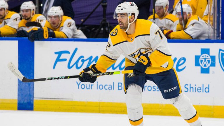 Former Nashville Predators defenceman Frederic Allard makes a pass. (Predators/NHL.com)