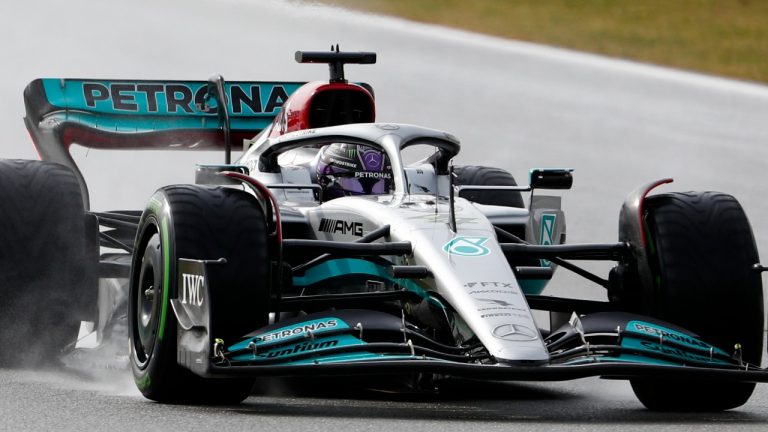 Mercedes driver Lewis Hamilton of Britain steers his car during a Formula One pre-season testing session at the Catalunya racetrack in Montmelo, just outside of Barcelona, Spain, Friday, Feb. 25, 2022. (Joan Monfort/AP)