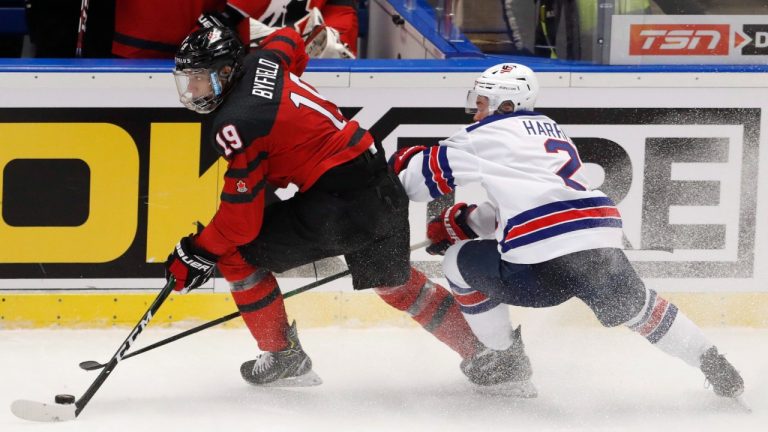 Jordan Harris of the US, right, challenges Canada's Quinton Byfield, left, during the U20 Ice Hockey Worlds match between Canada and the United States in Ostrava, Czech Republic, Thursday, Dec. 26, 2019. (Petr David Josek/AP)