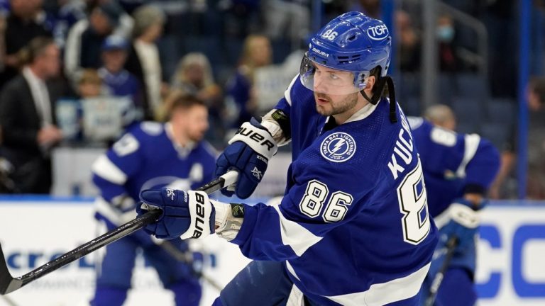 Tampa Bay Lightning right wing Nikita Kucherov (86) skates in warm-ups before an NHL hockey game against the Calgary Flames Thursday, Jan. 6, 2022, in Tampa, Fla. (Chris O'Meara/AP)