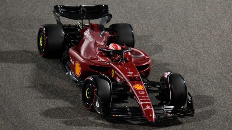 Ferrari driver Charles Leclerc of Monaco steers his car during qualifying session for the Formula One Bahrain Grand Prix it in Sakhir, Bahrain, Saturday, March 19, 2022. (Hassan Ammar/AP)