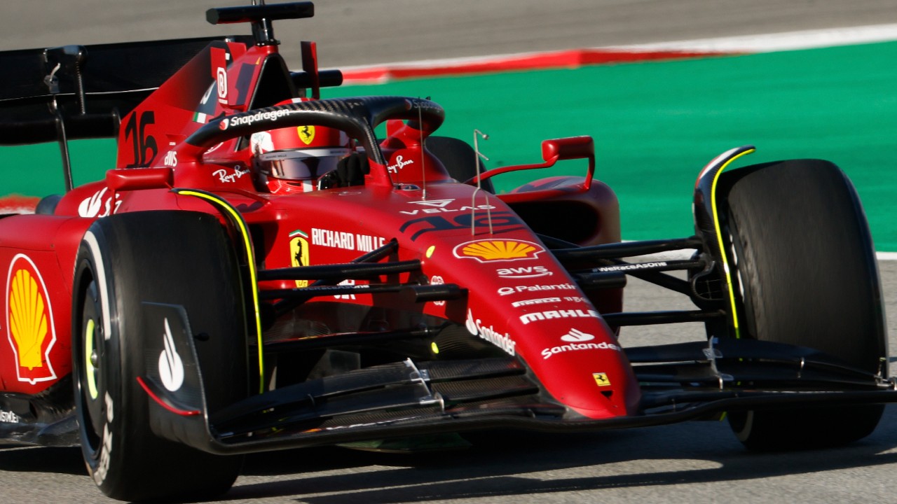 Ferrari driver Charles Leclerc of Monaco steers his car during a Formula One pre-season testing session at the Catalunya racetrack in Montmelo, just outside of Barcelona, Spain, Wednesday, Feb. 23, 2022. (Joan Monfort/AP)