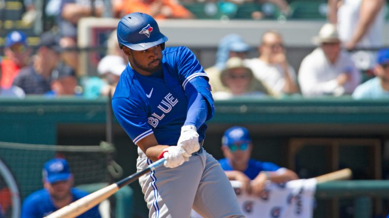 Toronto Blue Jays infielder Orelvis Martinez swings during a spring training game against the Detroit Tigers, Monday, March 21, 2022, in Lakeland, Fla. (Mark Taylor/CP) 