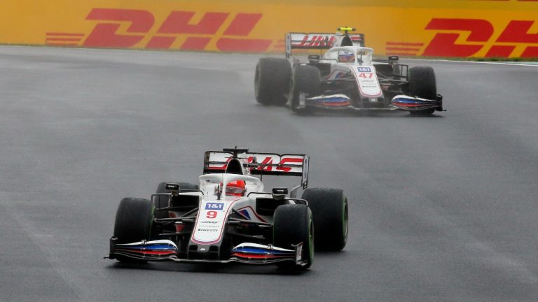 Haas driver Nikita Mazepin of Russia steers his car followed by Haas driver Mick Schumacher of Germany during the Turkish Formula One Grand Prix at the Intercity Istanbul Park circuit in Istanbul, Turkey, Sunday, Oct. 10, 2021. (AP Photo)