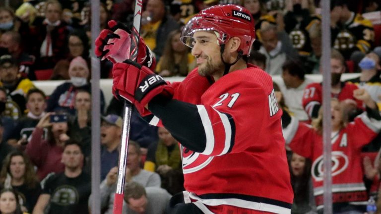 Carolina Hurricanes right wing Nino Niederreiter celebrates his goal during the second period of the team's NHL hockey game against the Boston Bruins on Thursday, Oct. 28, 2021, in Raleigh, N.C. (Chris Seward/AP)