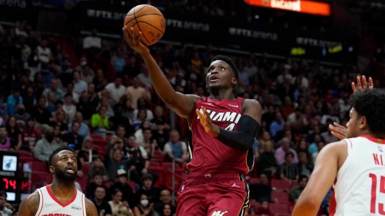 Victor Oladipo (4) aims for the basket during the second half of an NBA basketball game against the Houston Rockets, Monday, March 7, 2022, in Miami. (Marta Lavandier/AP)