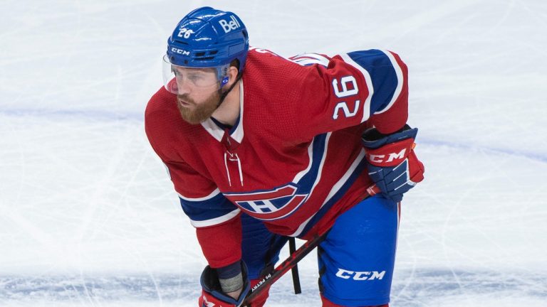 Montreal Canadiens' Jeff Petry looks on during an NHL hockey game against the Toronto Maple Leafs in Montreal, Monday, February, 21, 2022. (Graham Hughes/CP)