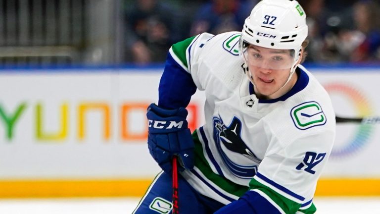 Vancouver Canucks forward Vasily Podkolzin (92). (Frank Franklin II/AP)