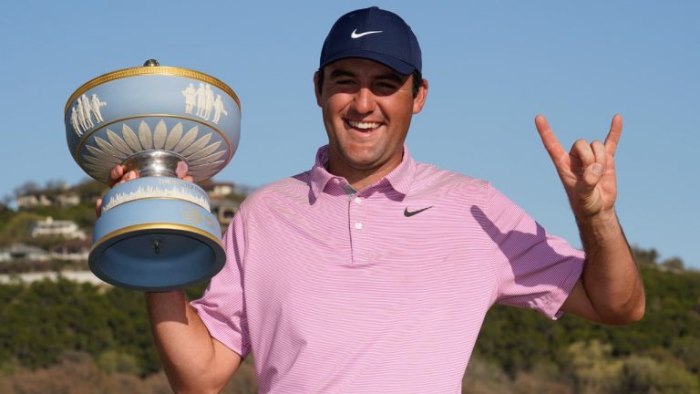 Scottie Scheffler holds the trophy after winning the Dell Technologies Match Play Championship golf tournament, Sunday, March 27, 2022, in Austin, Texas. (Tony Gutierrez/AP)