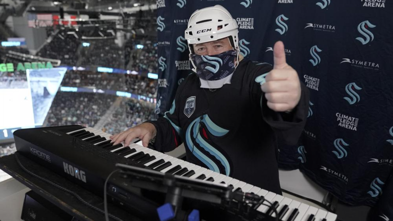 Seattle Kraken organist Rod Masters performs during an NHL hockey game against the Florida Panthers, on Jan. 23, 2022, in Seattle. Masters played the role of the organist in "Slap Shot." (AP)