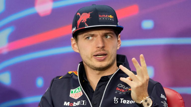 Red Bull driver Max Verstappen of the Netherlands speaks ahead of a press conference at the Formula One Bahrain International Circuit in Sakhir, Bahrain, Friday, March 18, 2022. The Bahrain Formula One Grand Prix will take place here on Sunday. Red Bull driver Max Verstappen of the Netherlands speaks ahead of a press conference at the Formula One Bahrain International Circuit. (Hassan Ammar/AP)