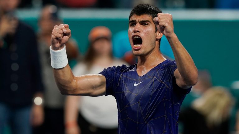 Carlos Alcaraz, of Spain, celebrates after defeating Hubert Hurkacz, of Poland, during the Miami Open tennis tournament semifinals Friday, April 1, 2022, in Miami Gardens, Fla. (Marta Lavandier/AP)