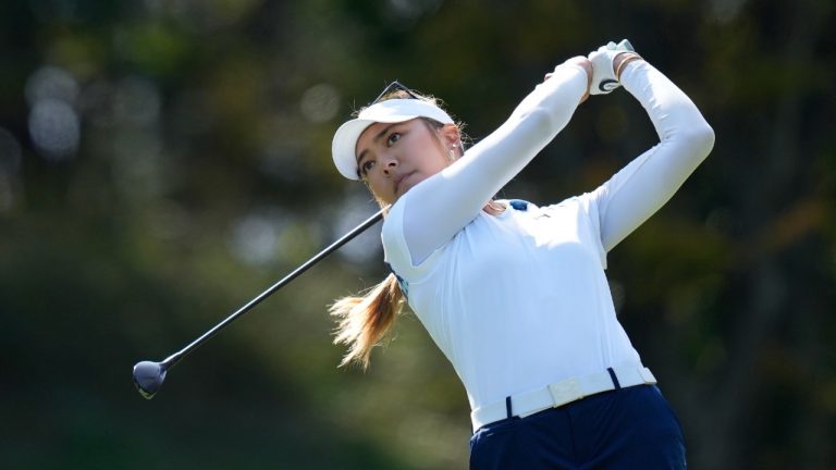 Alison Lee of the United States watches her shot on the fifth hole during the final round of the BMW Ladies Championship at LPGA International Busan in Busan, South Korea, Sunday, Oct. 24, 2021. (Lee Jin-man/AP)