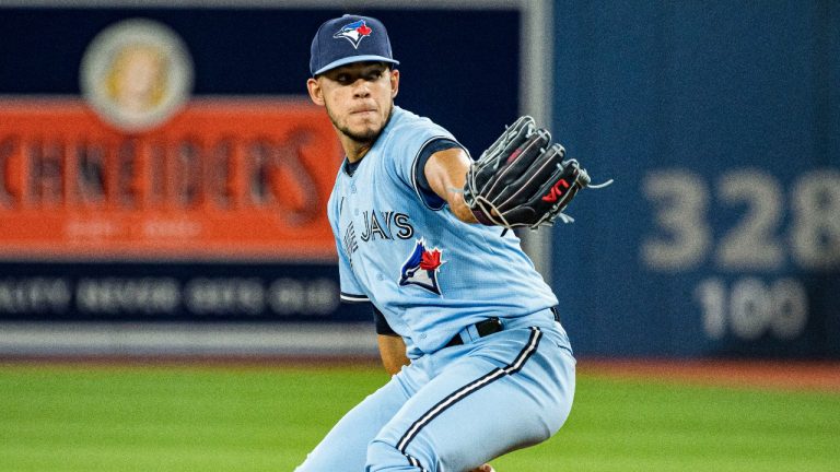 Toronto Blue Jays starting pitcher Jose Berrios (17) throws the ball during first inning MLB baseball action against the Boston Red Sox in Toronto on Monday, April 25, 2022. (Christopher Katsarov/THE CANADIAN PRESS)