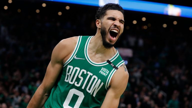 Boston Celtics' Jayson Tatum reacts after dunking against the Brooklyn Nets during the second half of Game 2 of an NBA basketball first-round Eastern Conference playoff series Wednesday, April 20, 2022, in Boston. (Michael Dwyer/AP)