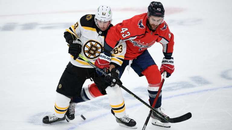 Boston Bruins left wing Brad Marchand (63) and Washington Capitals right wing Tom Wilson (43) battle for the puck during the first period of an NHL hockey game, Saturday, Jan. 30, 2021, in Washington. (AP/file)