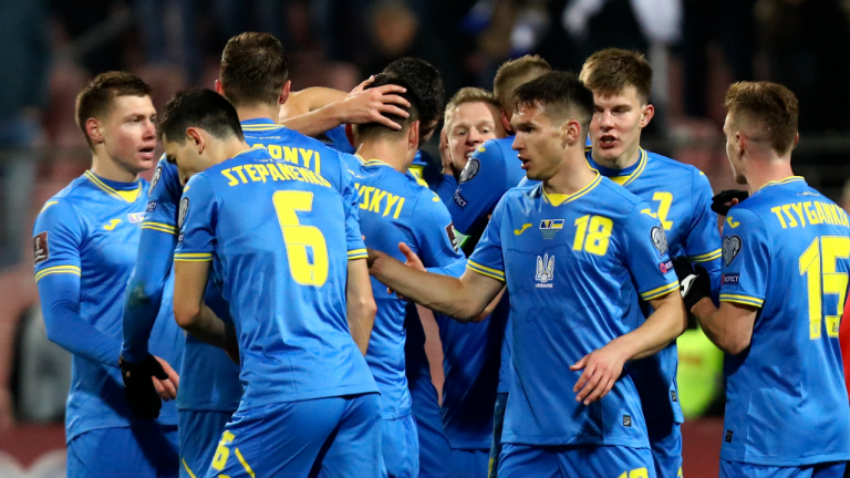 Ukraine's Oleksandr Zinchenko celebrates with teammates after scoring his side's opening goal during the World Cup 2022 group D qualifying soccer match between Bosnia-Herzegovina and Ukraine, at the Bilino polje stadium in Zenica, Bosnia, Tuesday, Nov. 16, 2021. (AP/file)