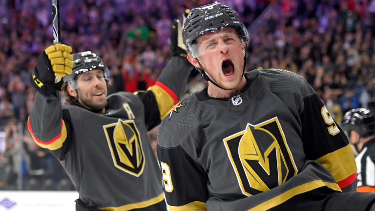 Vegas Golden Knights center Jack Eichel (9) and center Chandler Stephenson (20) celebrate Eichel's power-play goal against the Nashville Predators during the second period of an NHL hockey game Thursday, March 24, 2022, in Las Vegas. (AP)