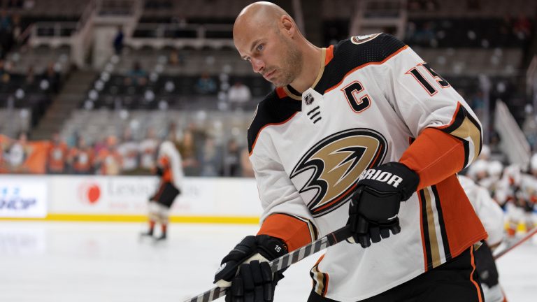 Anaheim Ducks' Ryan Getzlaf warms up for the team's NHL hockey game against San Jose Sharks in San Jose, Calif., Saturday, March 26, 2022. (AP Photo/Josie Lepe)